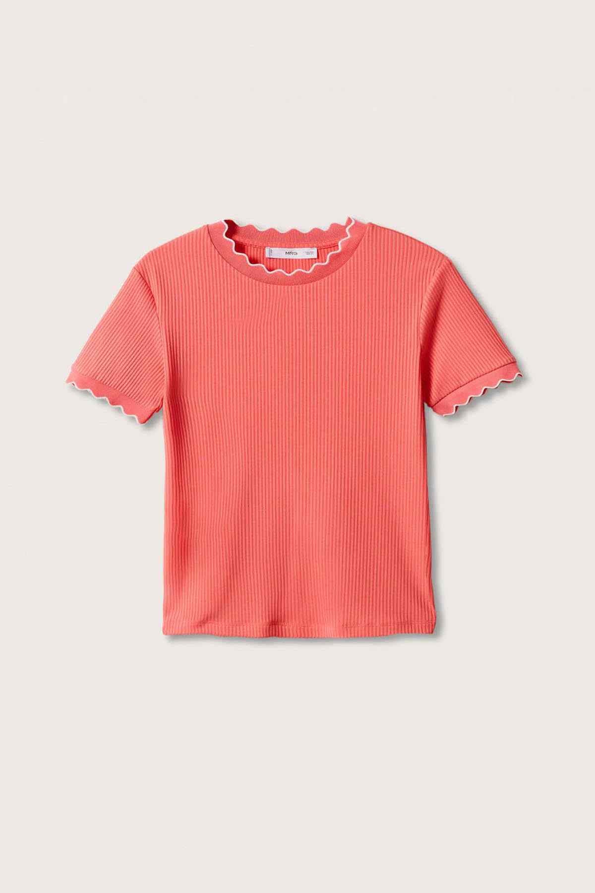 Coral red ribbed short-sleeve top with scalloped crew neck trim, front view