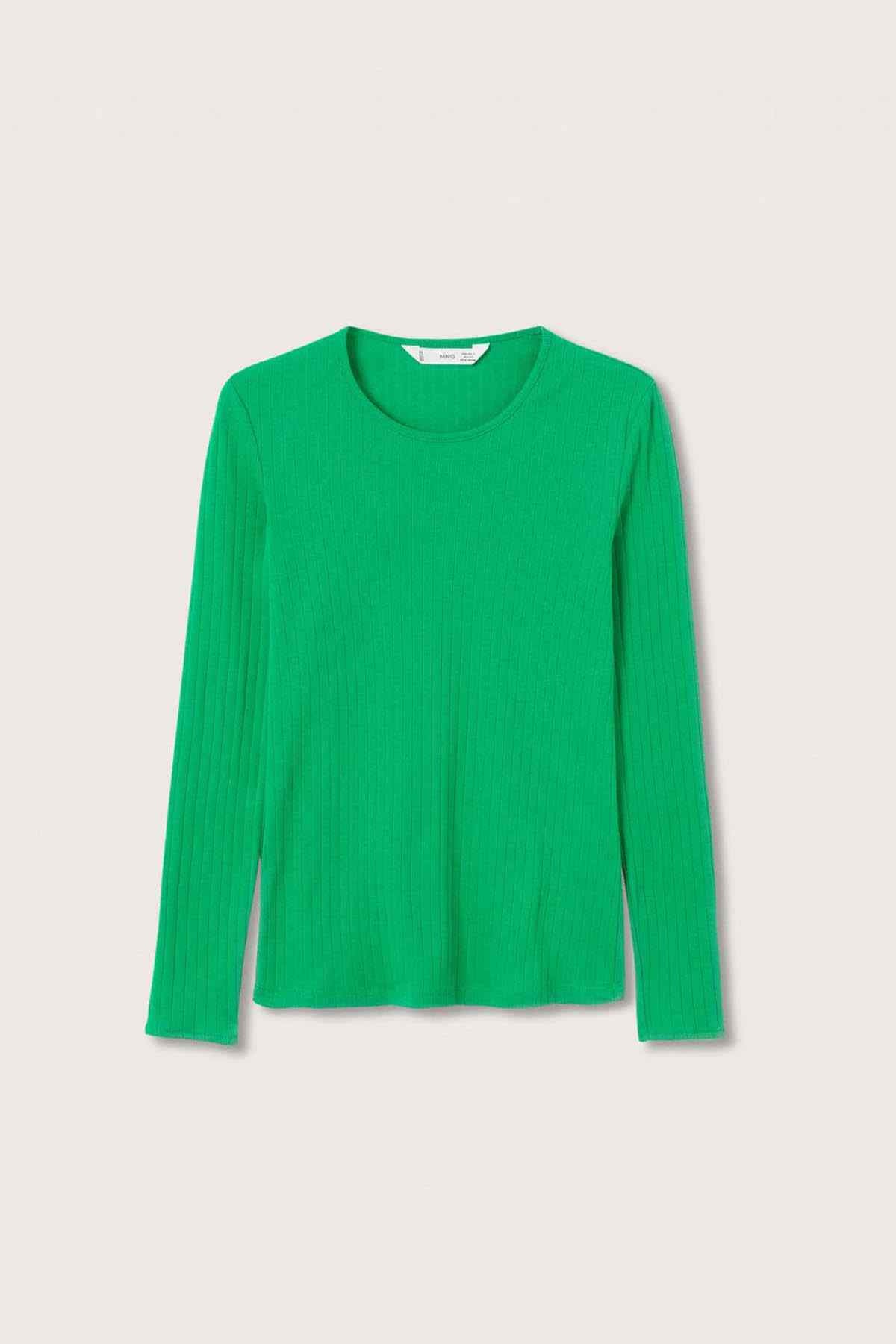 Green long-sleeve crewneck top, ribbed knit, flat lay on light background
