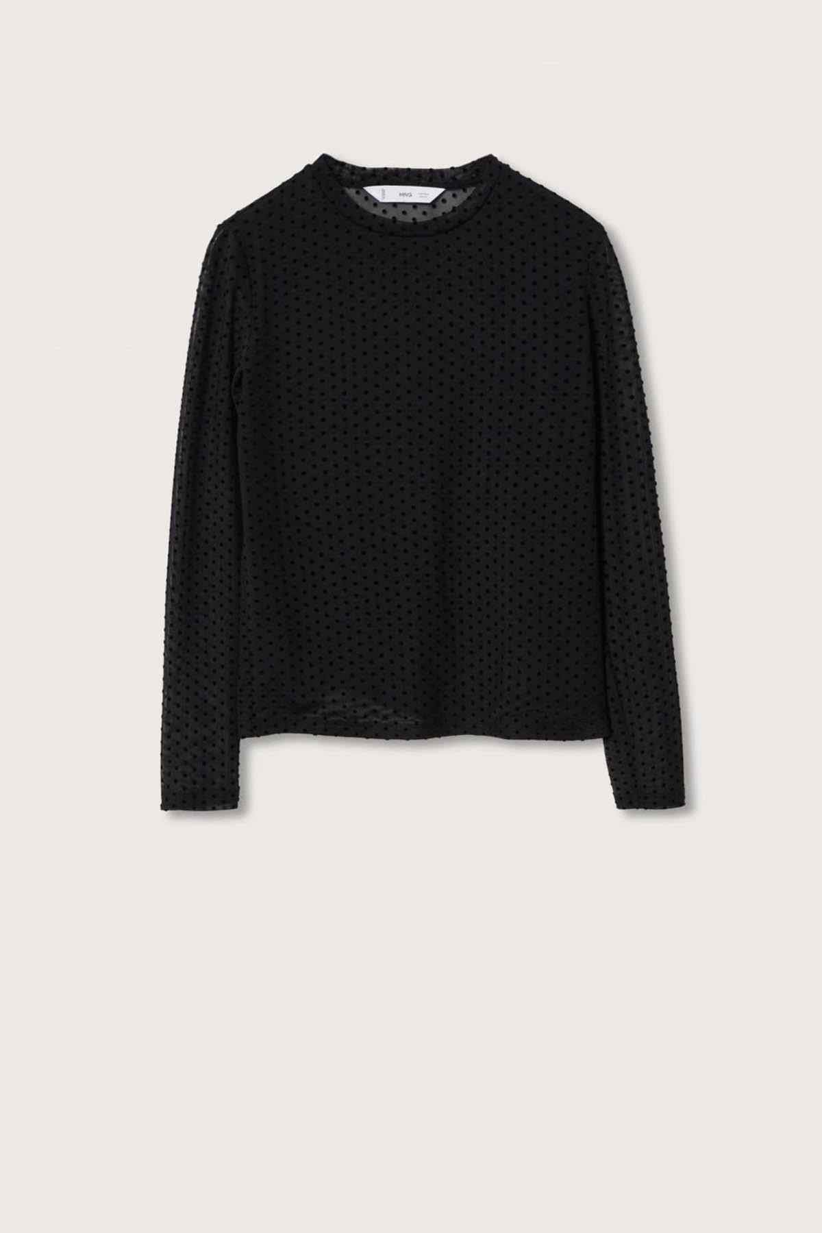 Black dotted sheer long-sleeve top with crew neck, front view