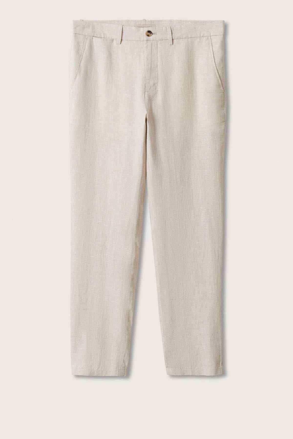 Ecru linen-look trousers with straight leg and front button closure
