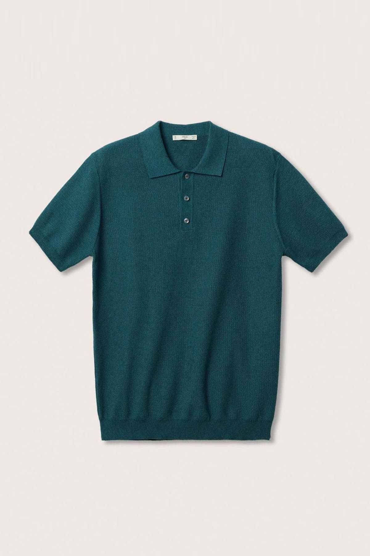 Petrol blue polo shirt on a hanger, short-sleeve knit with button placket
