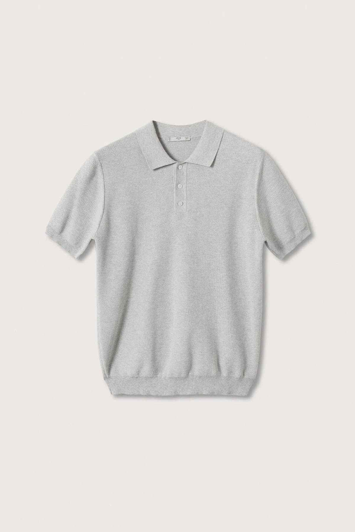 Folded men's knit polo shirt, short sleeves, medium heather grey, button placket