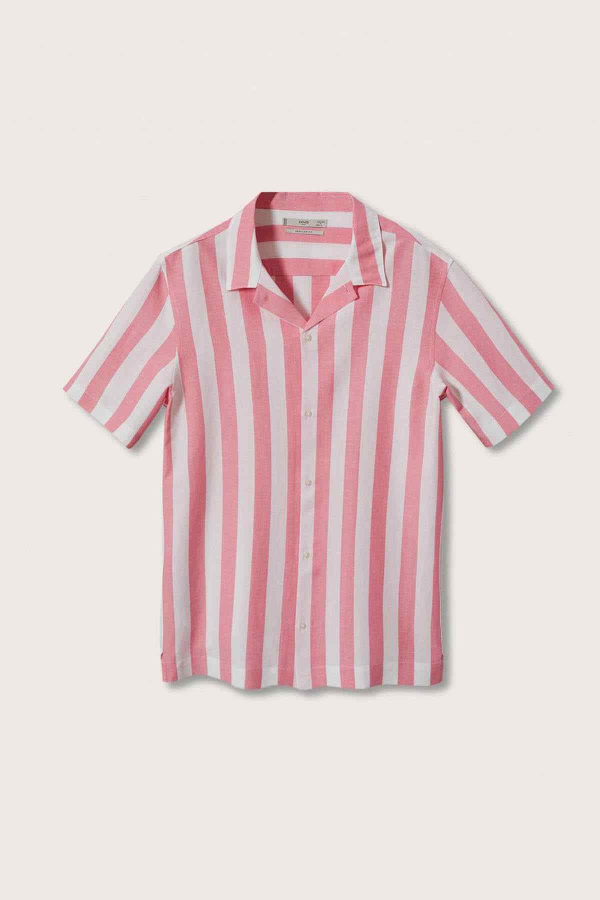 MANGO red and white striped short-sleeve button-up shirt, front view