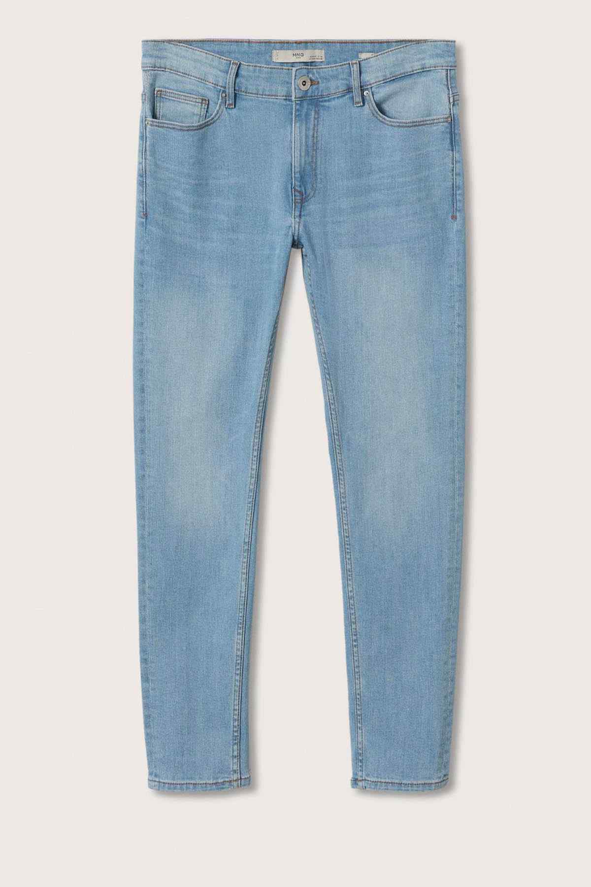 MANGO light blue denim jeans, full front view with five-pocket styling