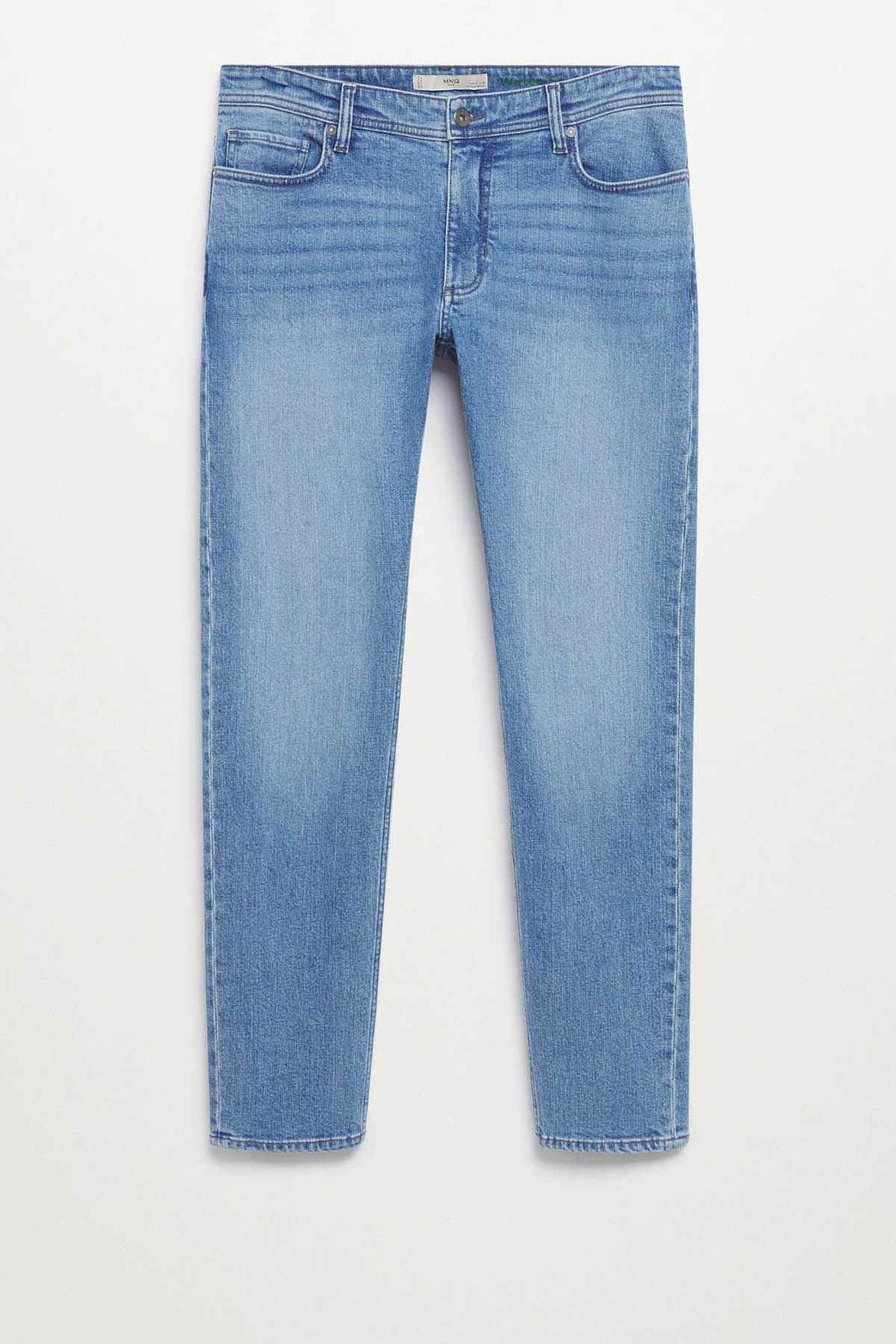 Mango light blue denim jeans, flat lay of straight-leg style with belt loops