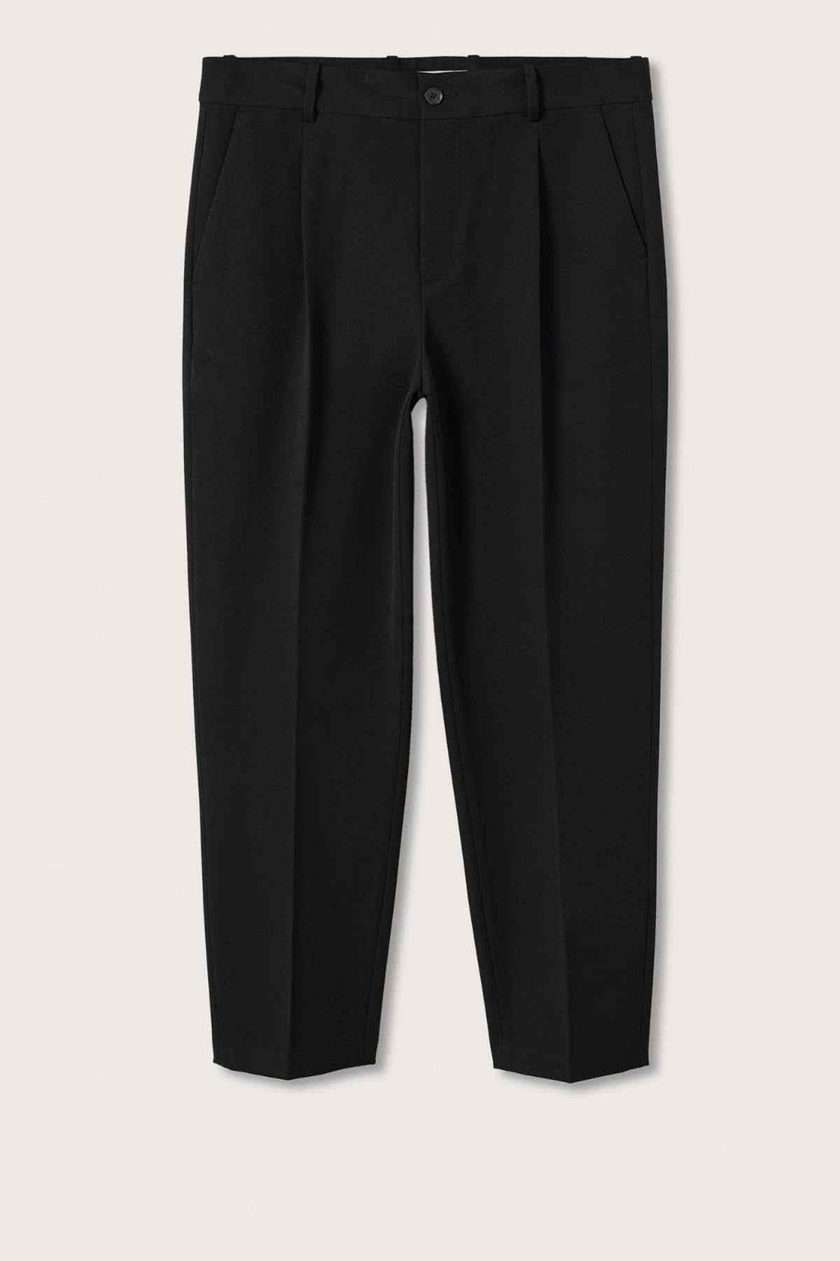 Men’s black suit trousers front view with flat front and welt pocket details