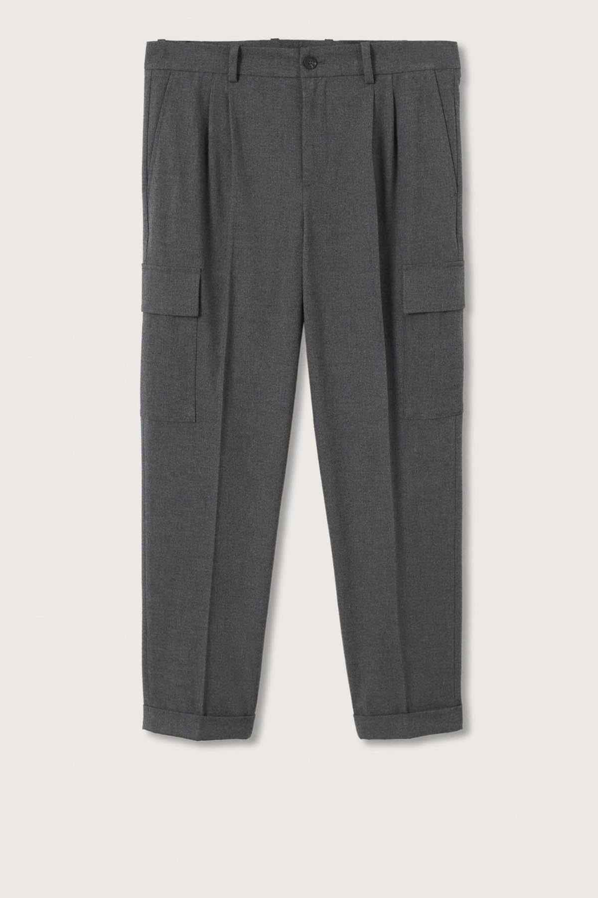Dark gray cargo trousers with belt loops, pleated front, button fly, and side flap pockets