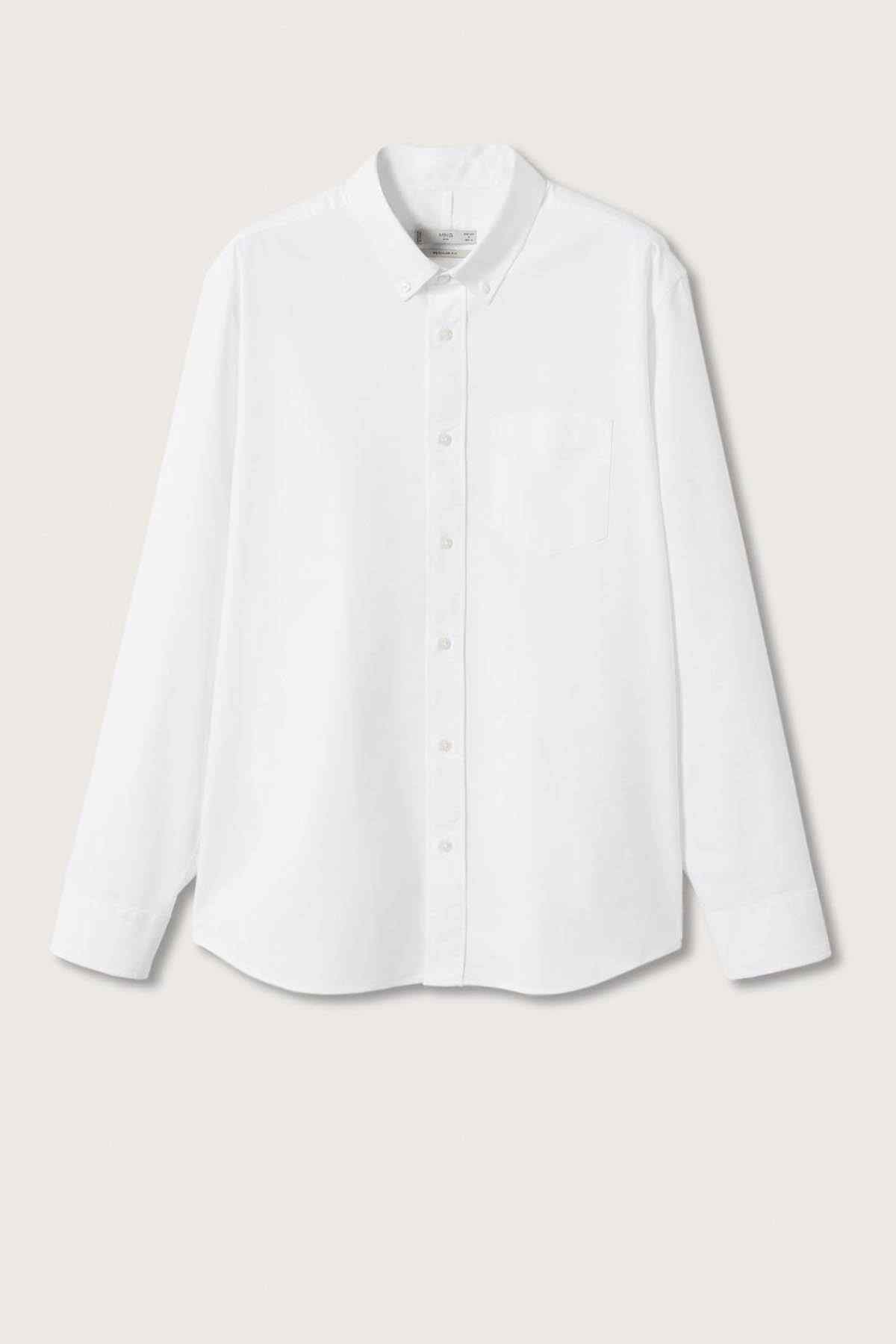 Men's white button-up shirt with long sleeves and button front, chest pocket