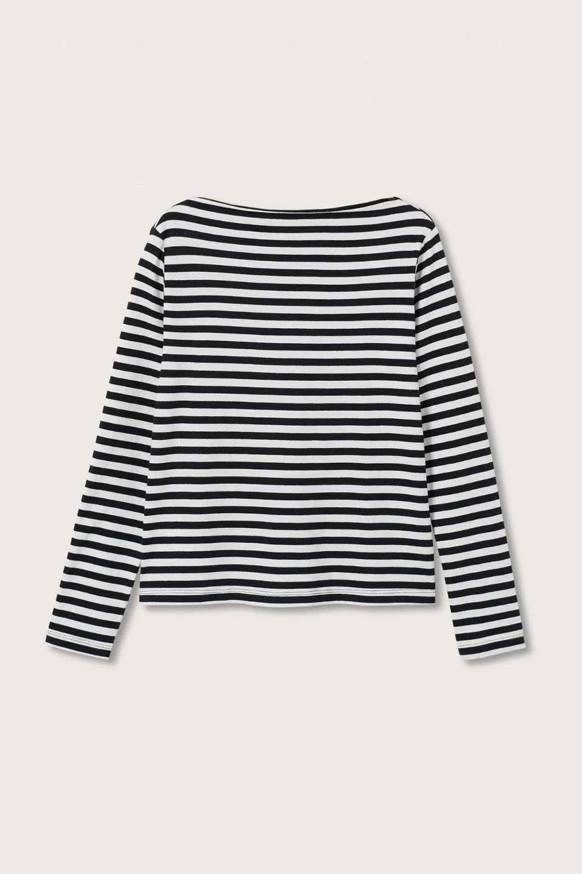 Back view of black and white striped long-sleeve crewneck top