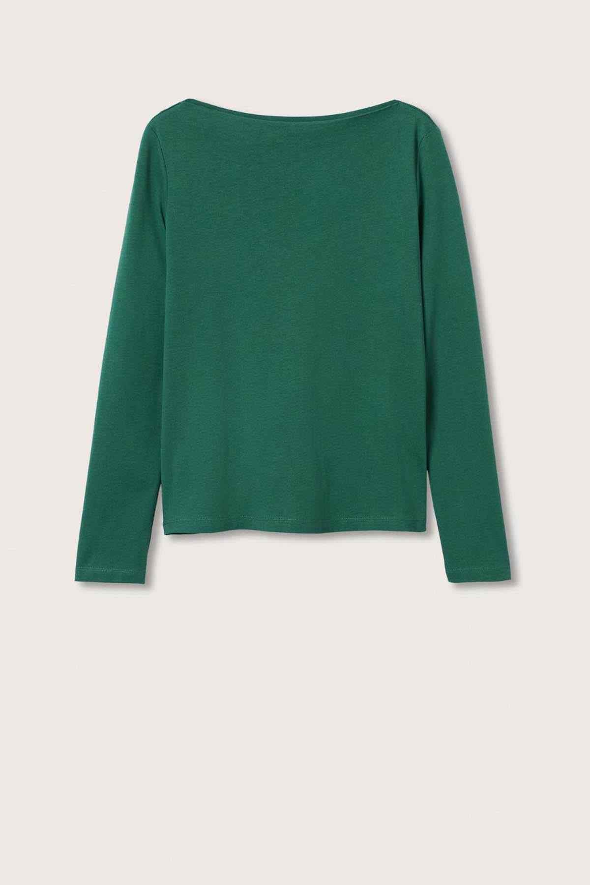 Dark green long-sleeve top with wide crew neck and curved hem
