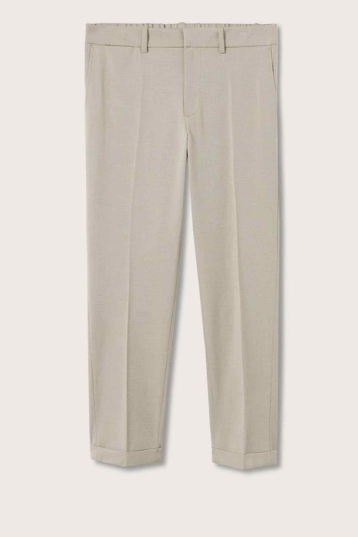 Beige trousers, flat lay, straight-leg fit with belt loops and button front