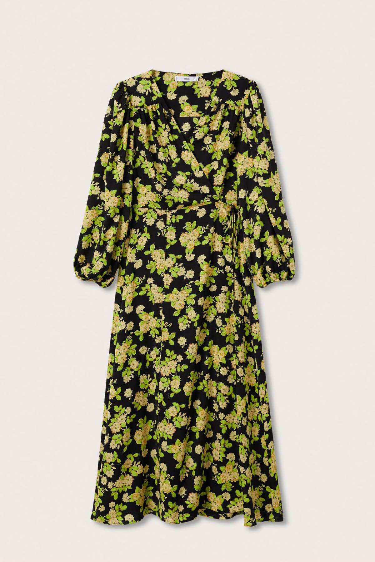 Floral midi dress flat lay with long puff sleeves, dark green and yellow floral print