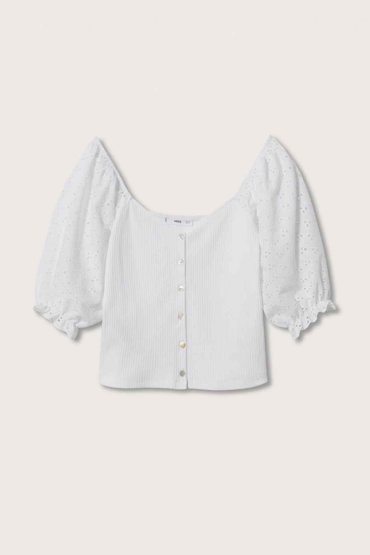White blouse top with square neckline, short puff sleeves, and button front