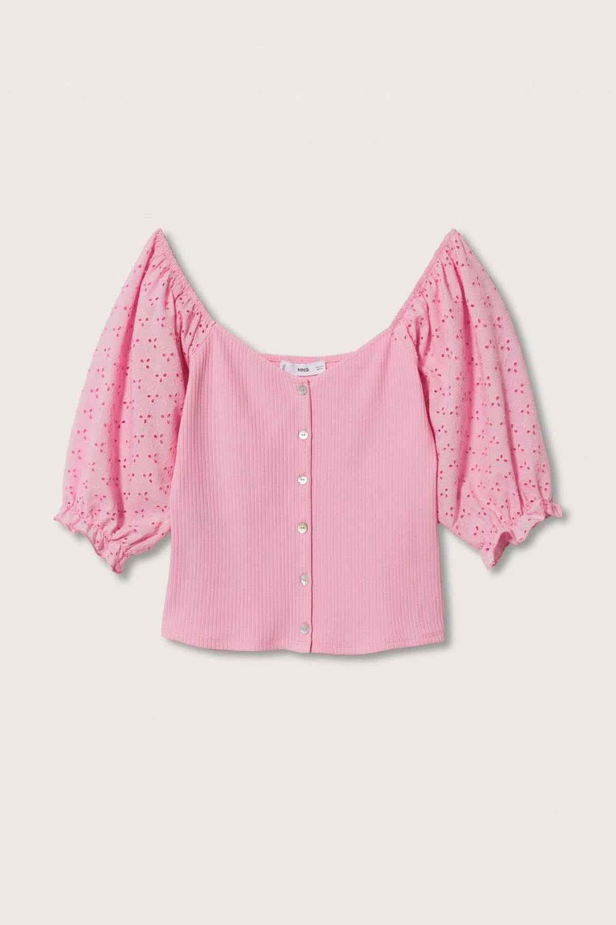 Pink puff-sleeve blouse top with button front, laid flat