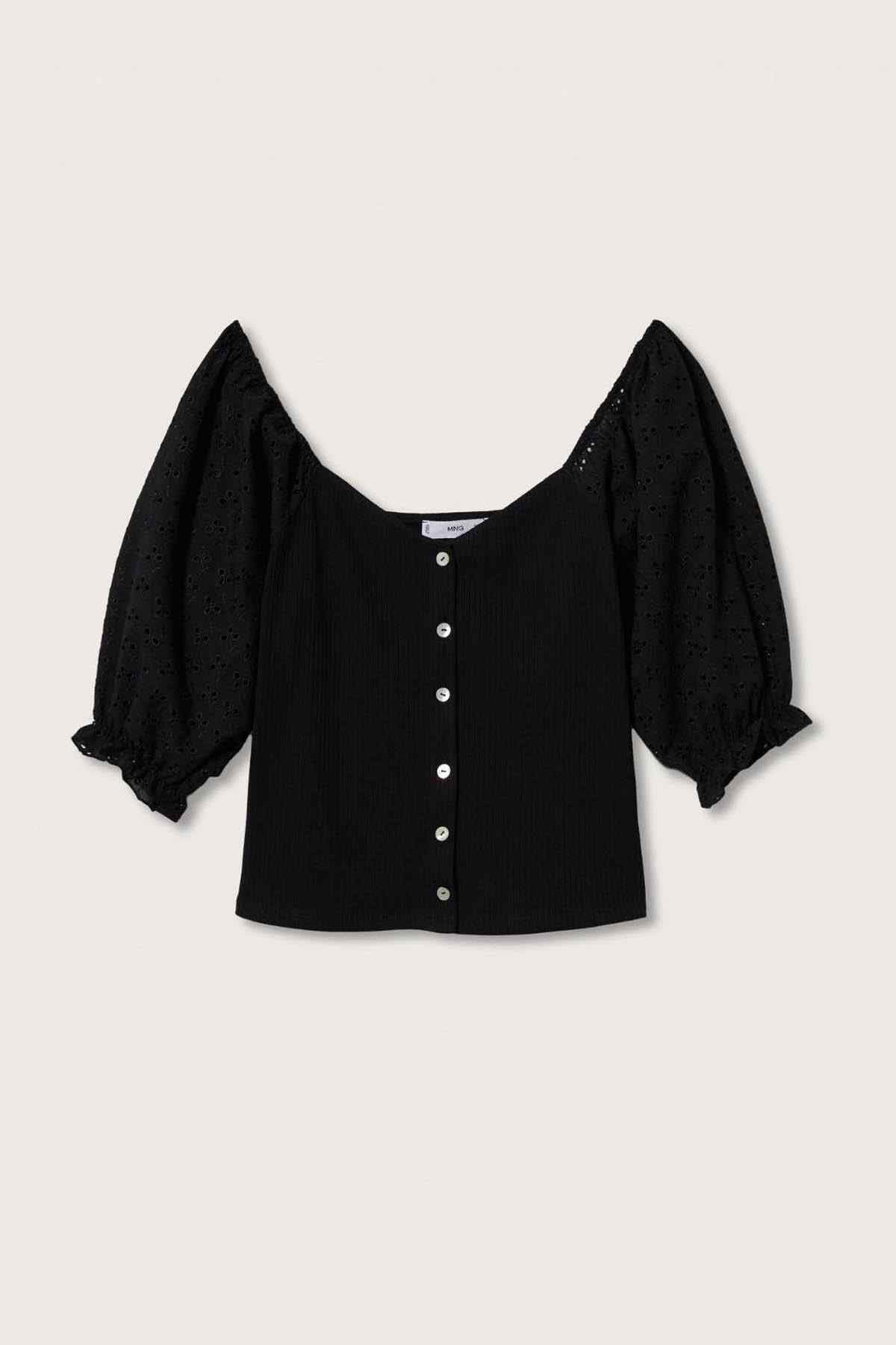 Black button-front puff-sleeve blouse, flat lay