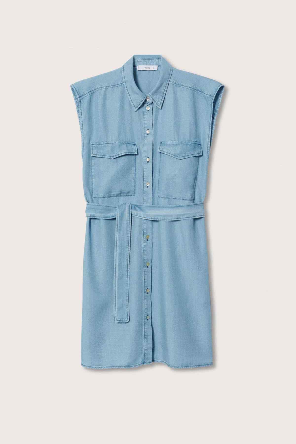 MANGO blue denim shirt dress, button-front, patch pockets, waist tie
