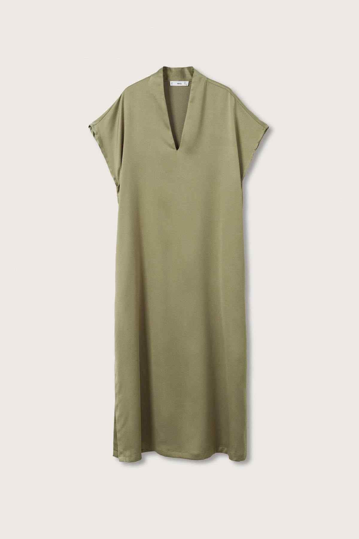 MANGO olive green V-neck midi dress with short sleeves, laid flat