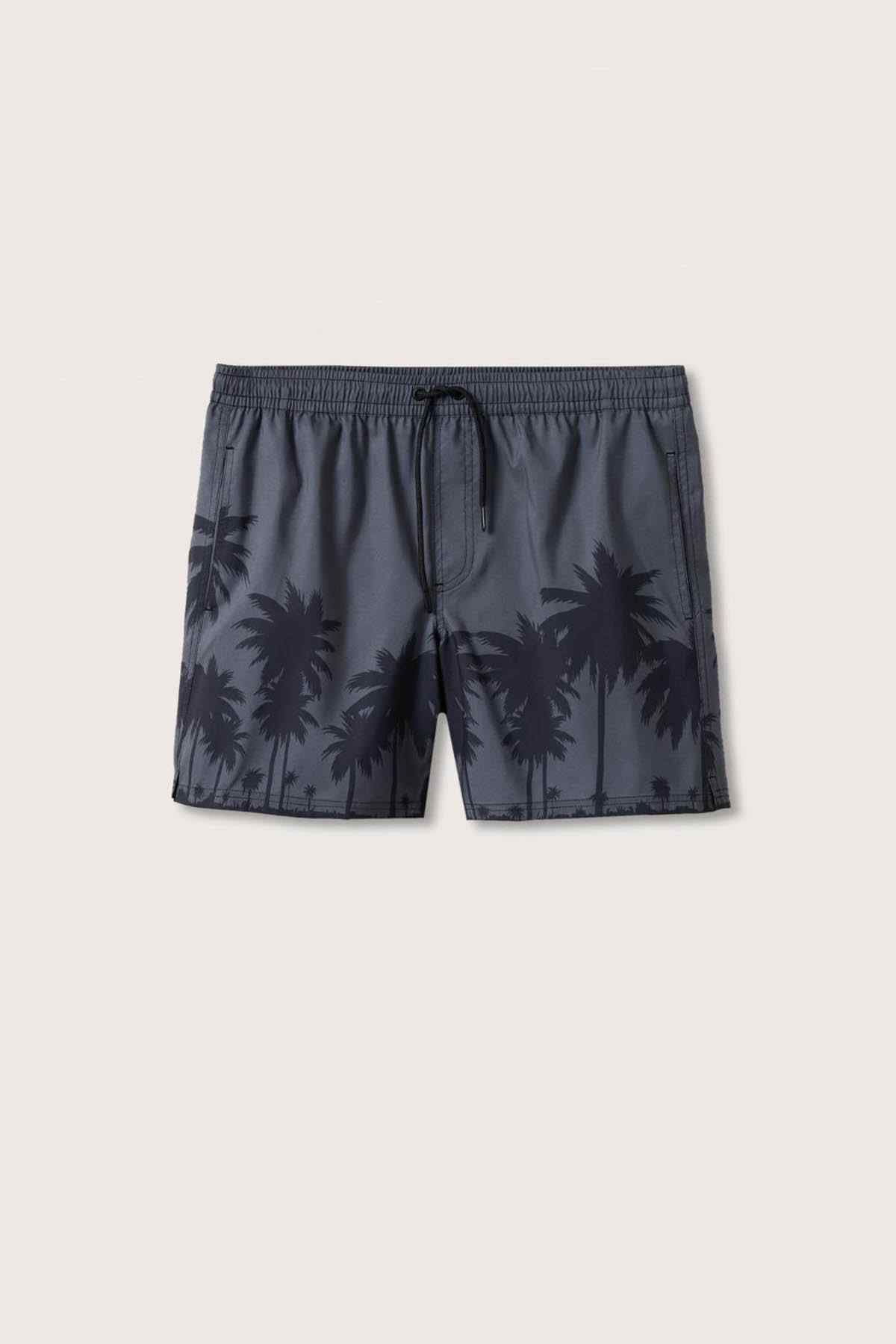 Palm-print swim shorts with elastic waistband and drawstring, dark grey
