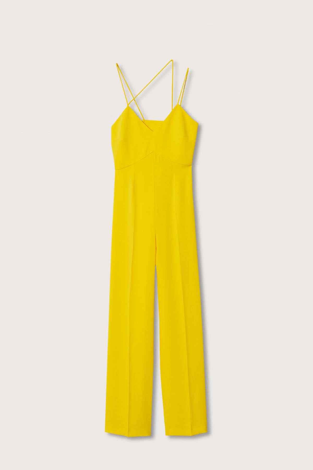 Mango yellow wide-leg jumpsuit, sleeveless V-neck top with wide pant legs