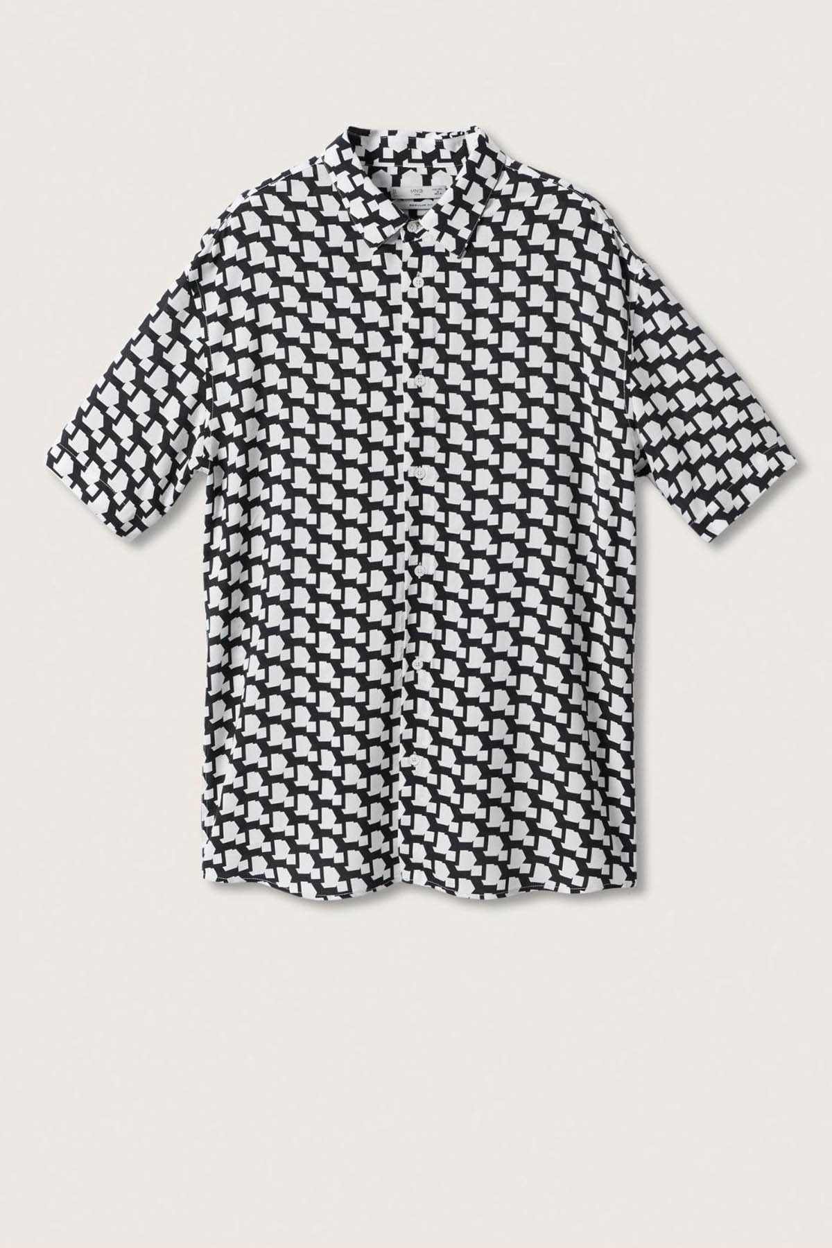 Black-and-white geometric short-sleeve button-up shirt, front view