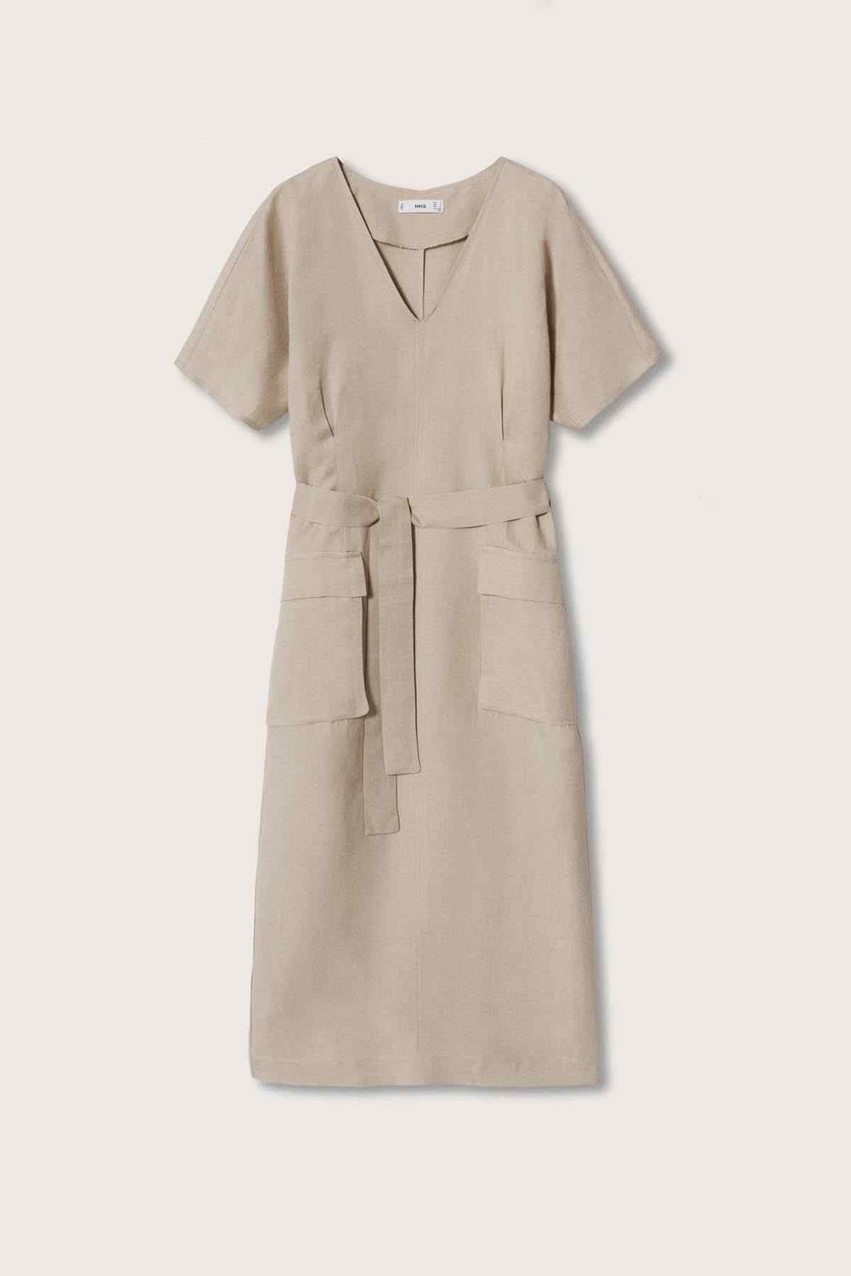 Beige short-sleeve V-neck midi dress, waist belt tie and patch pockets