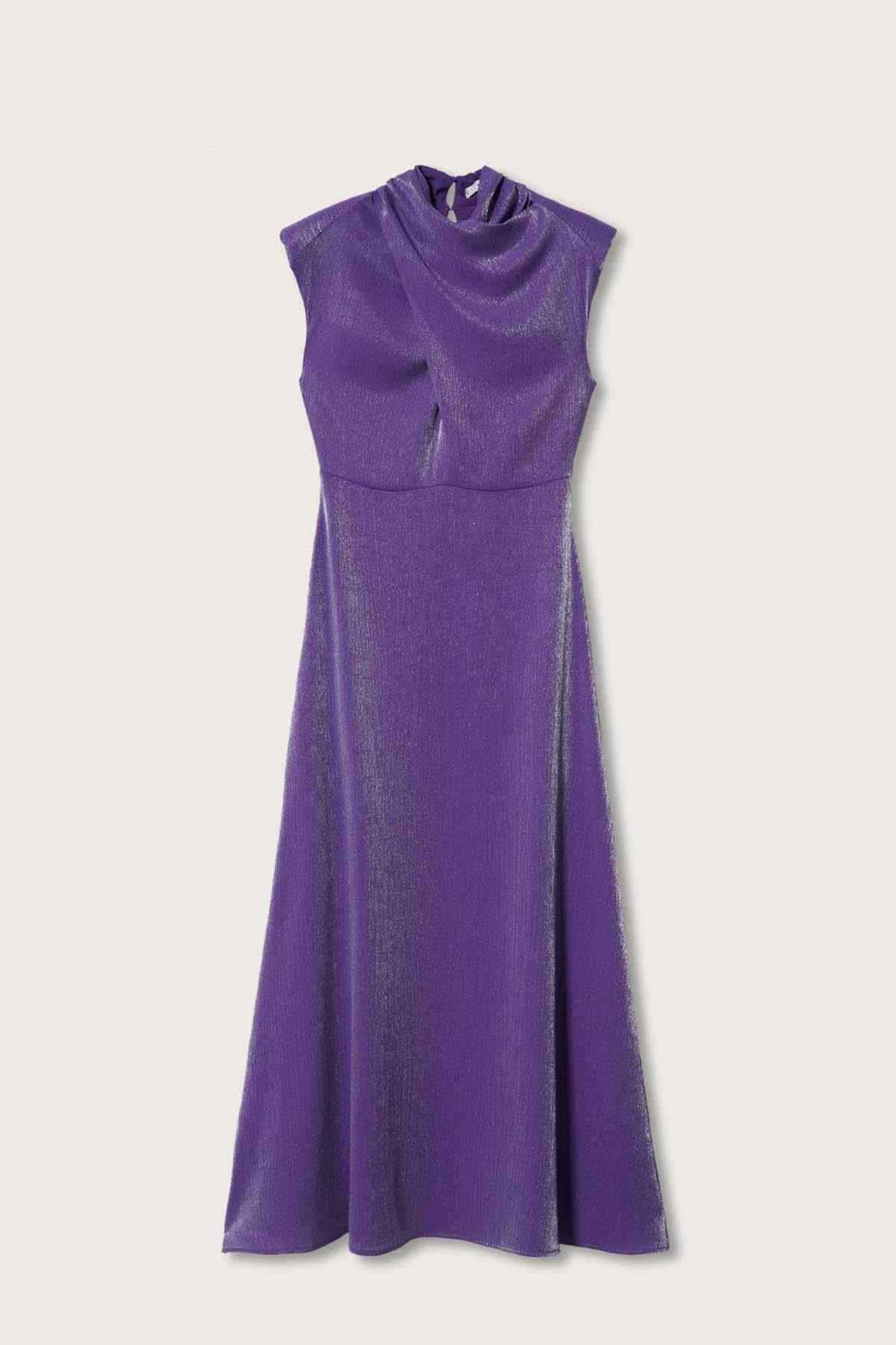 Violet sleeveless midi dress flat lay, draped cowl neckline