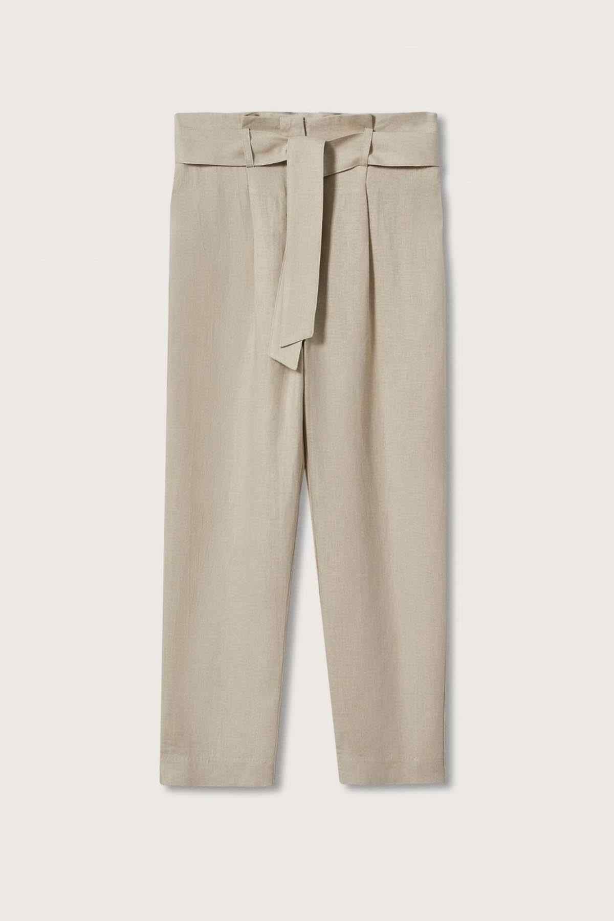 Light grey wide-leg trousers with paperbag waistband and tie belt, front view