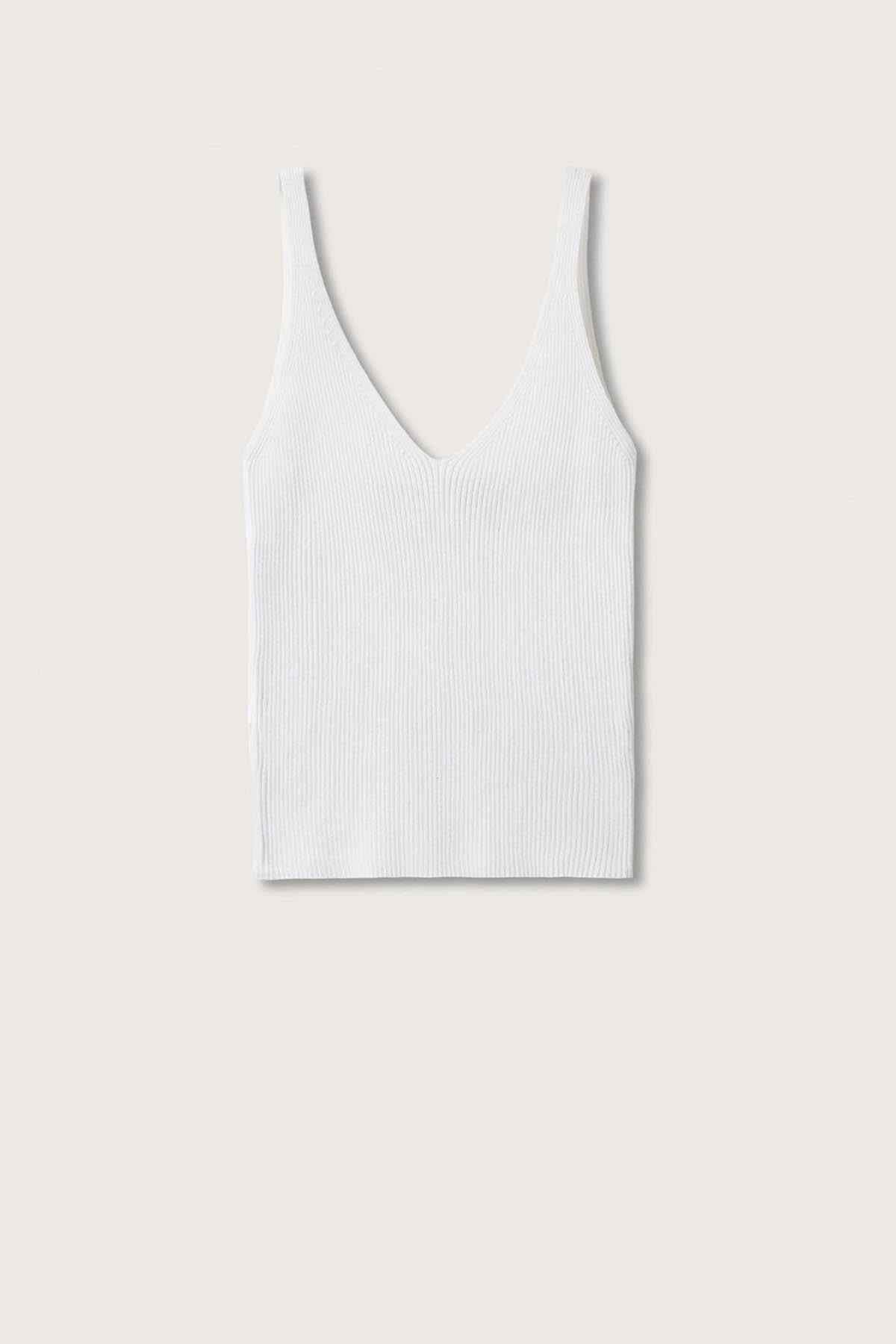 White ribbed V-neck camisole tank top, flat lay with thin shoulder straps