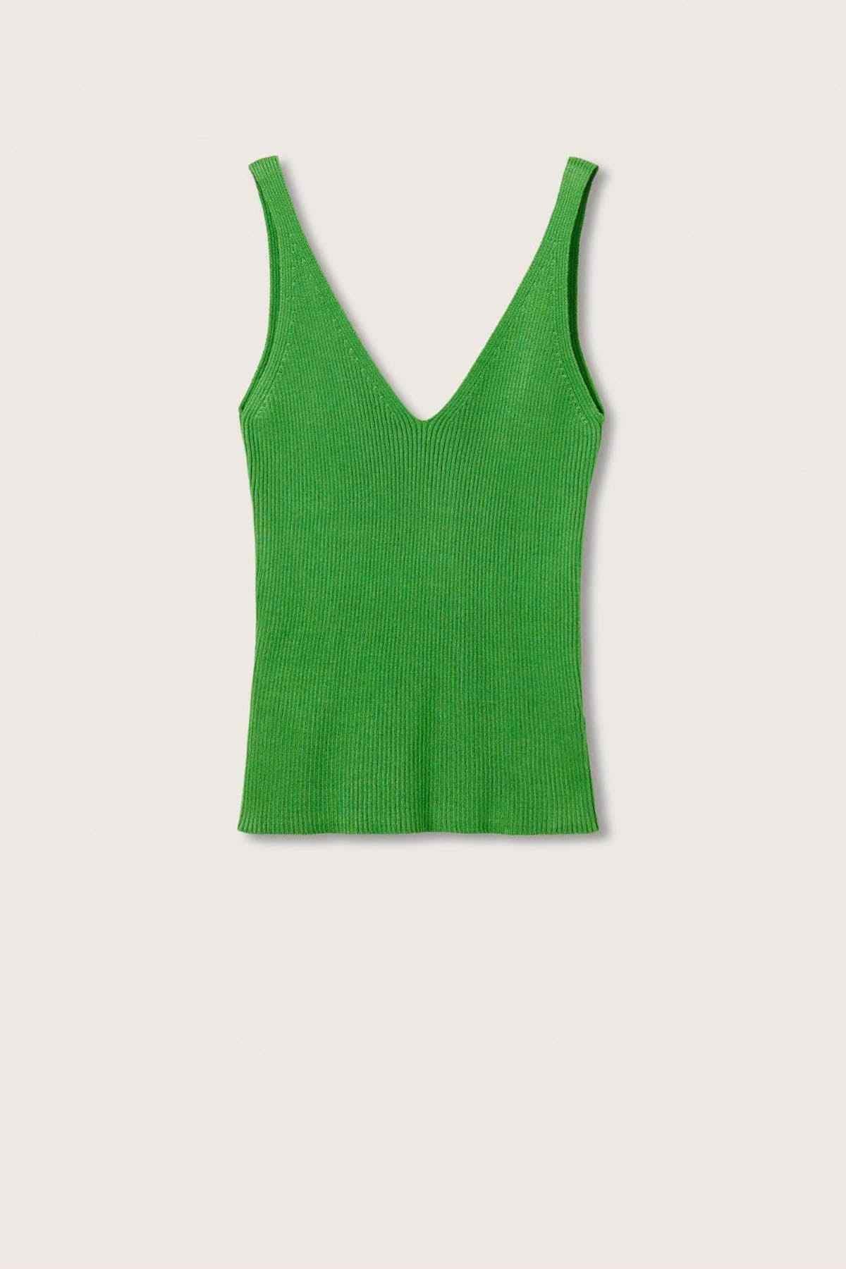 Green ribbed V-neck sleeveless knit camisole, flat lay