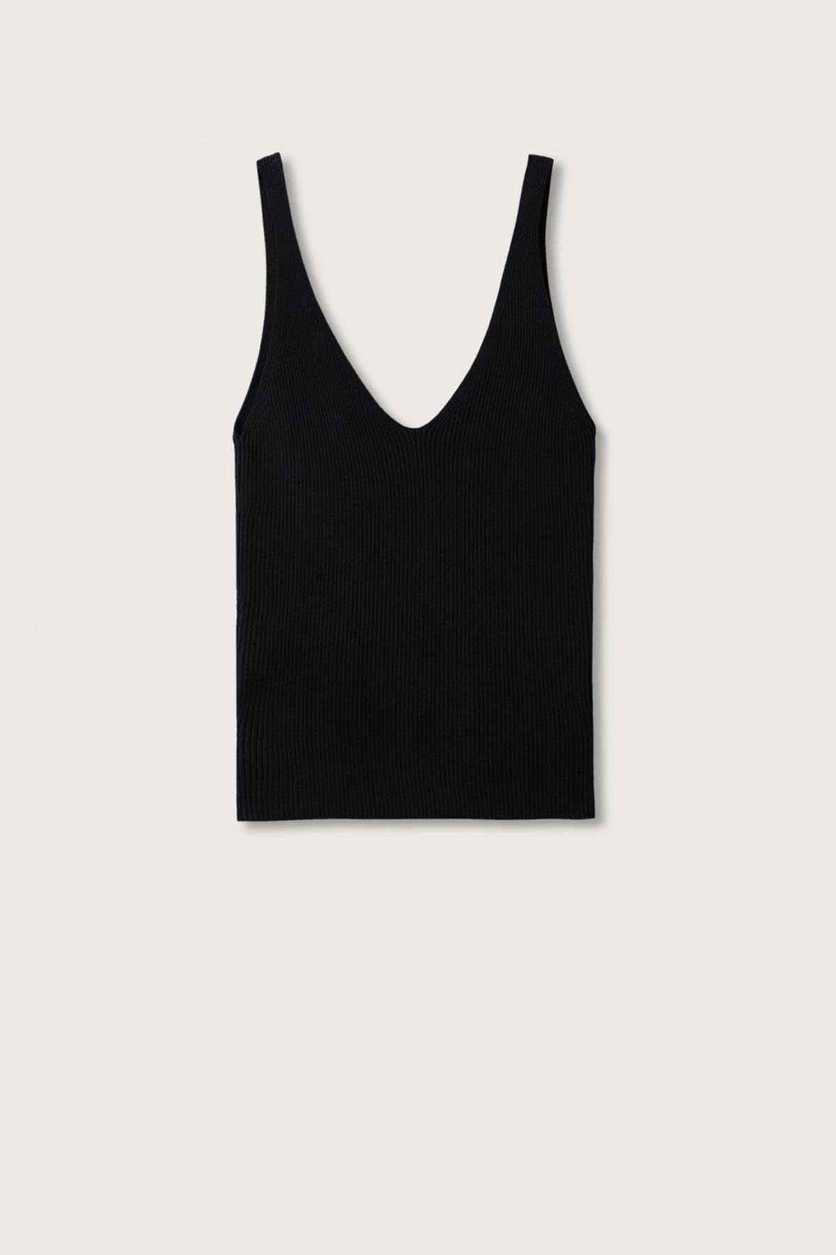 Black ribbed V-neck camisole tank top with wide straps