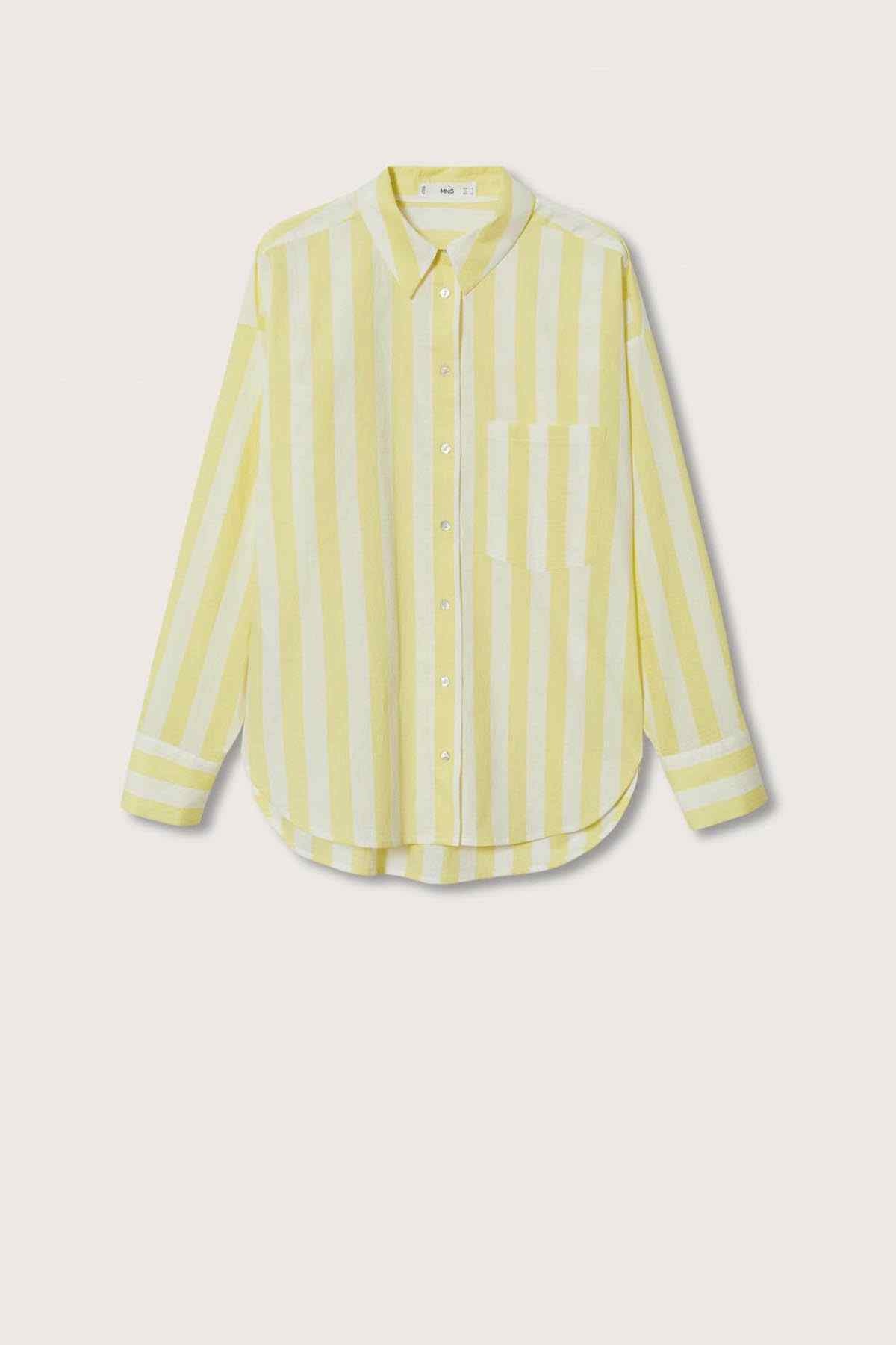 Women’s yellow and white striped button-up shirt, long-sleeve top view