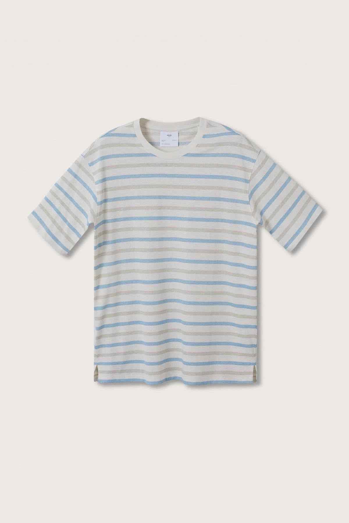 Off-white striped T-shirt with crew neck and short sleeves, light blue horizontal stripes