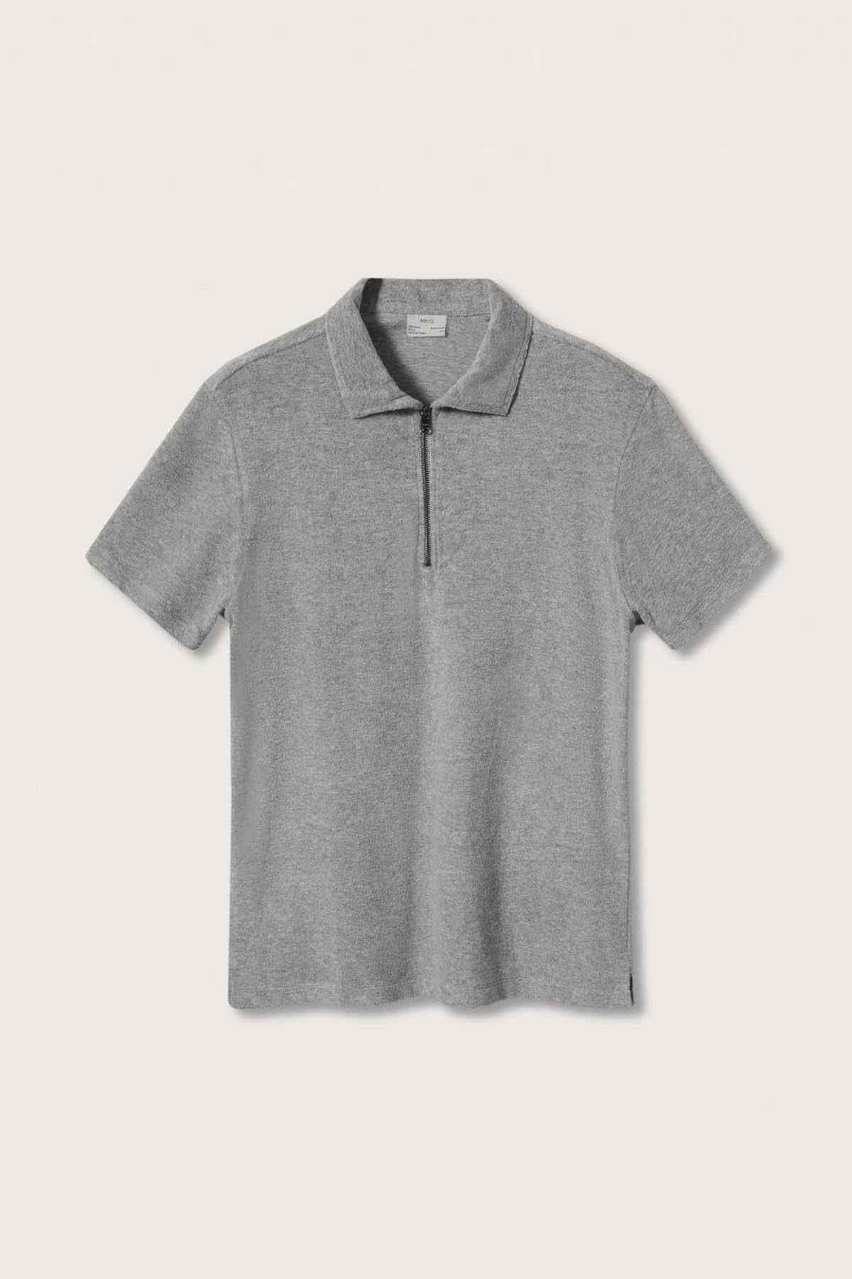 Light heather gray short-sleeve half-zip mock-collar knit shirt