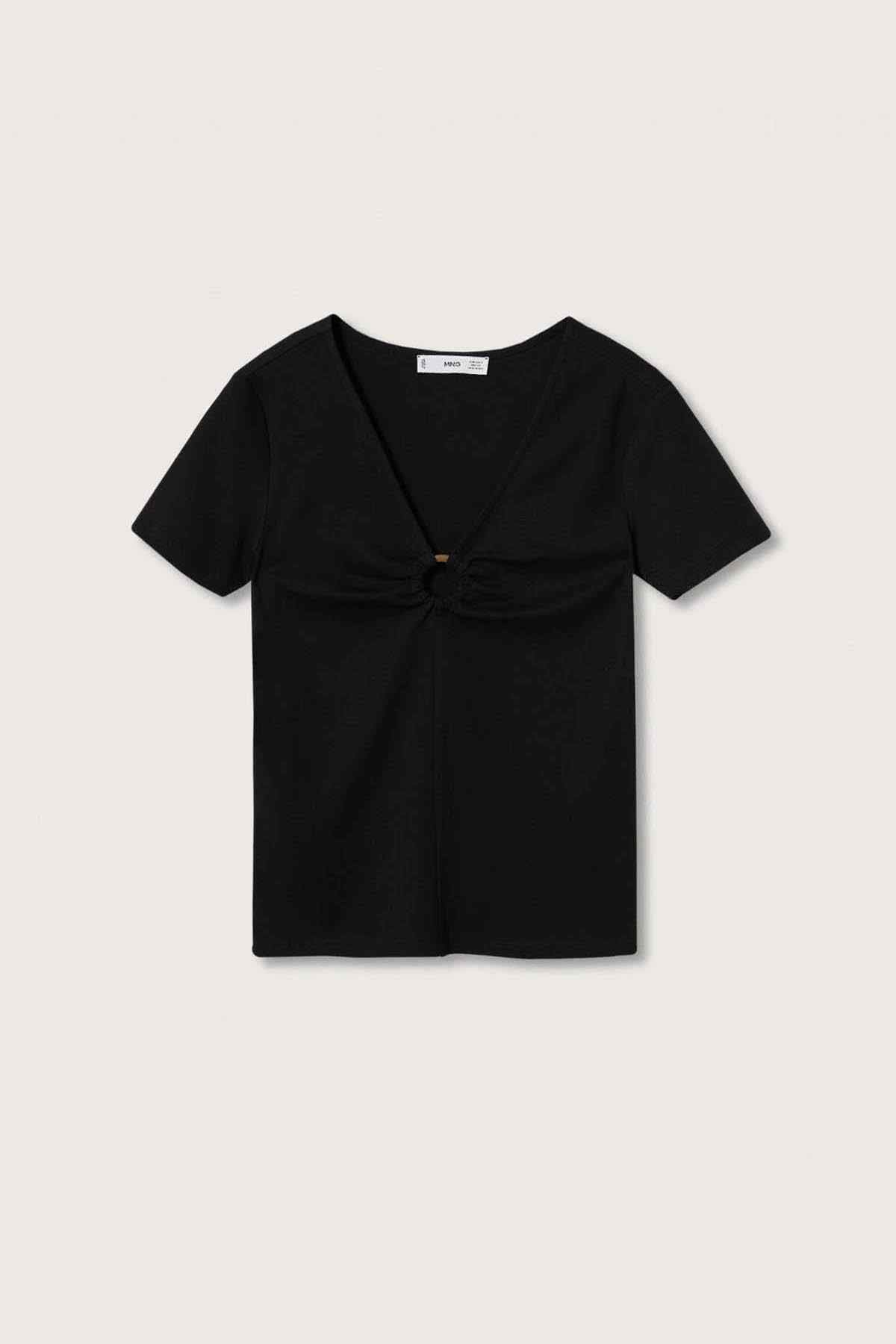 Black short-sleeve V-neck top with knot front detail, flat lay