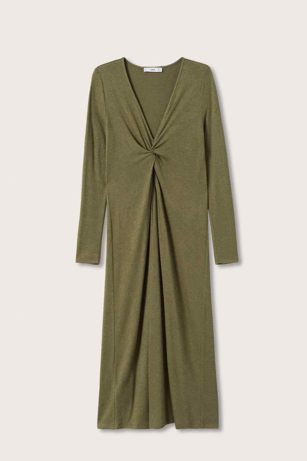 Olive green long-sleeve midi dress with gathered twist front