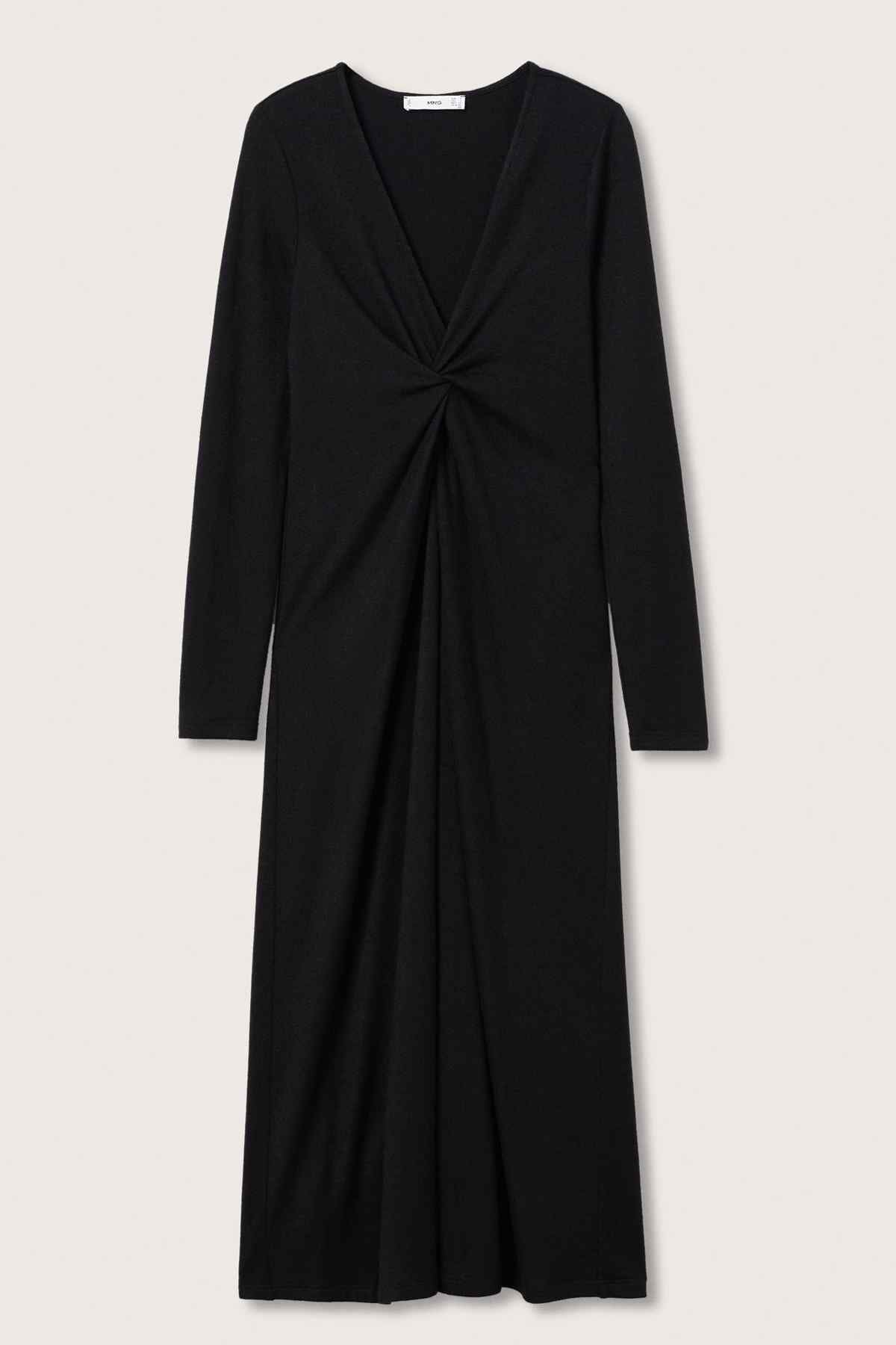 Black long-sleeve V-neck midi dress with front twist knot detail on draped fabric