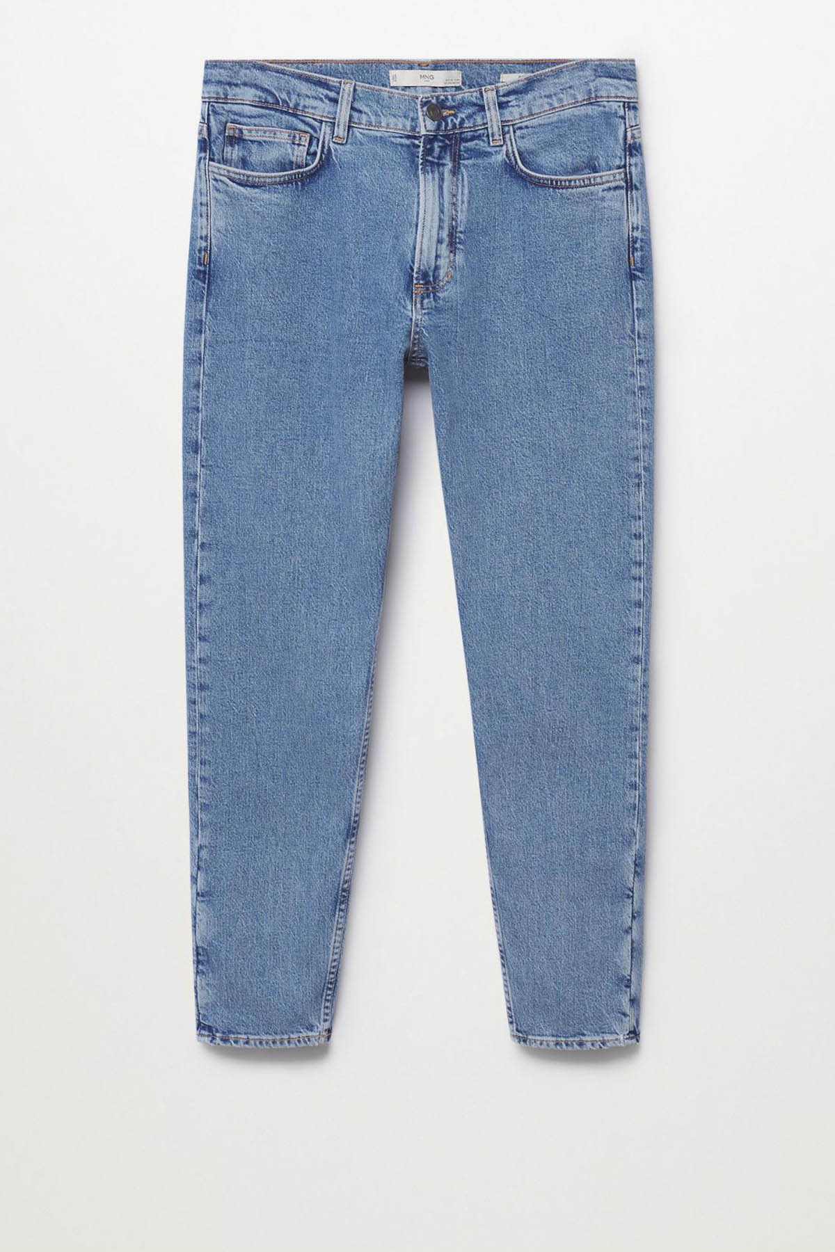 Men's light blue denim jeans, straight leg with button-fly closure and belt loops