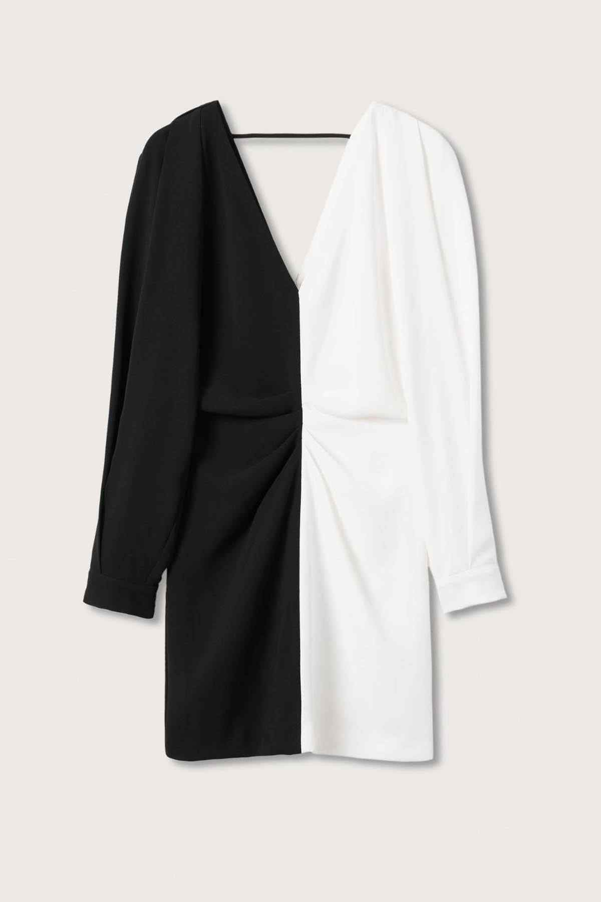Long-sleeve V-neck mini dress in black and white, asymmetric draped front