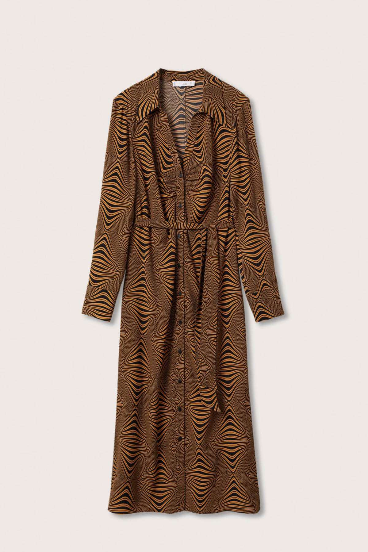Tiger-pattern midi dress flat lay, long sleeves, button front, waist tie