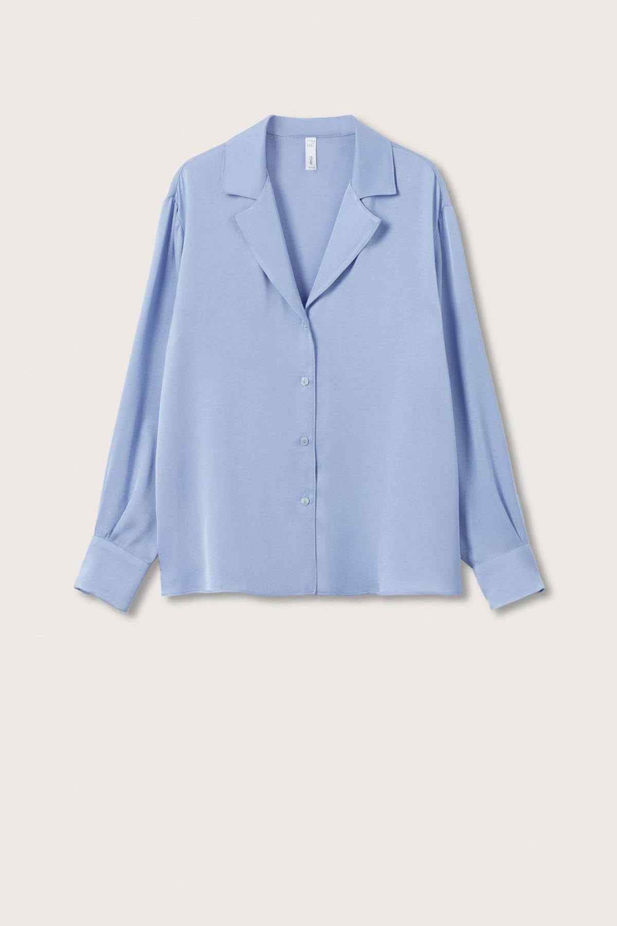 Light blue button-front blouse, notched lapel collar and long sleeves