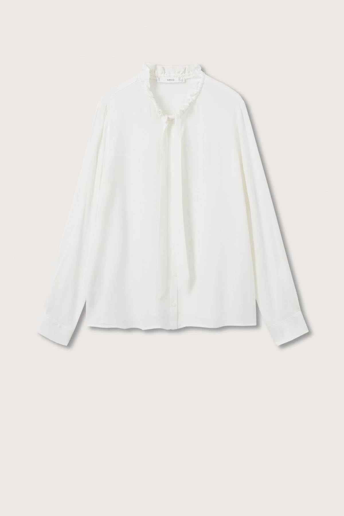 Off-white long-sleeve button blouse with ruffled collar, laid flat