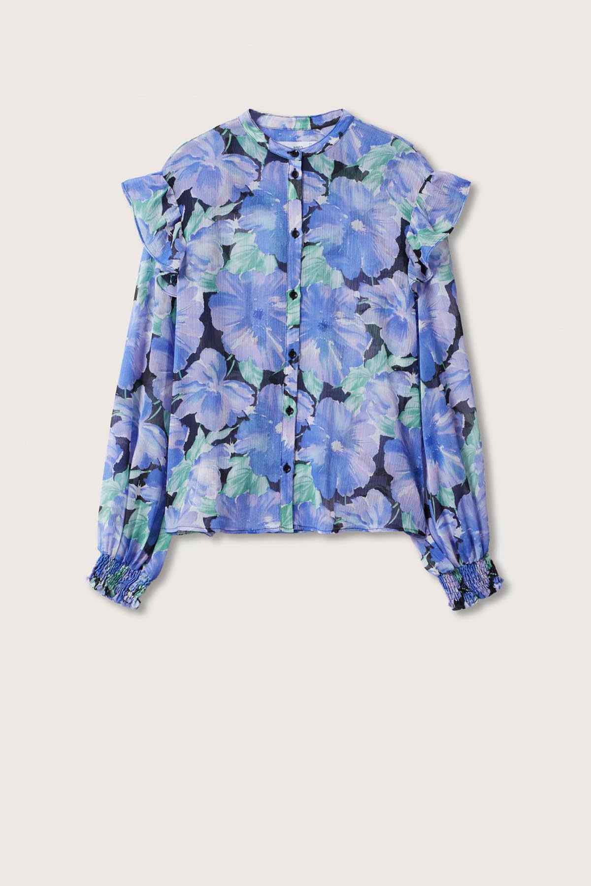 Floral blouse in blue and green tones, button front and long puff sleeves