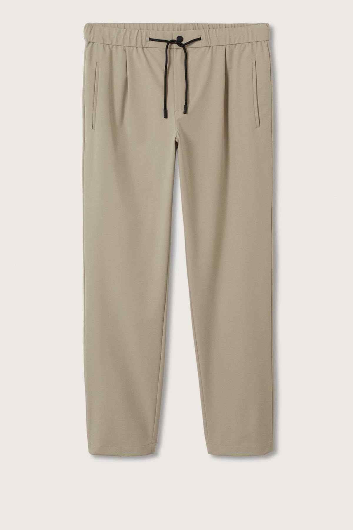 Beige drawstring waist trousers, straight tapered fit