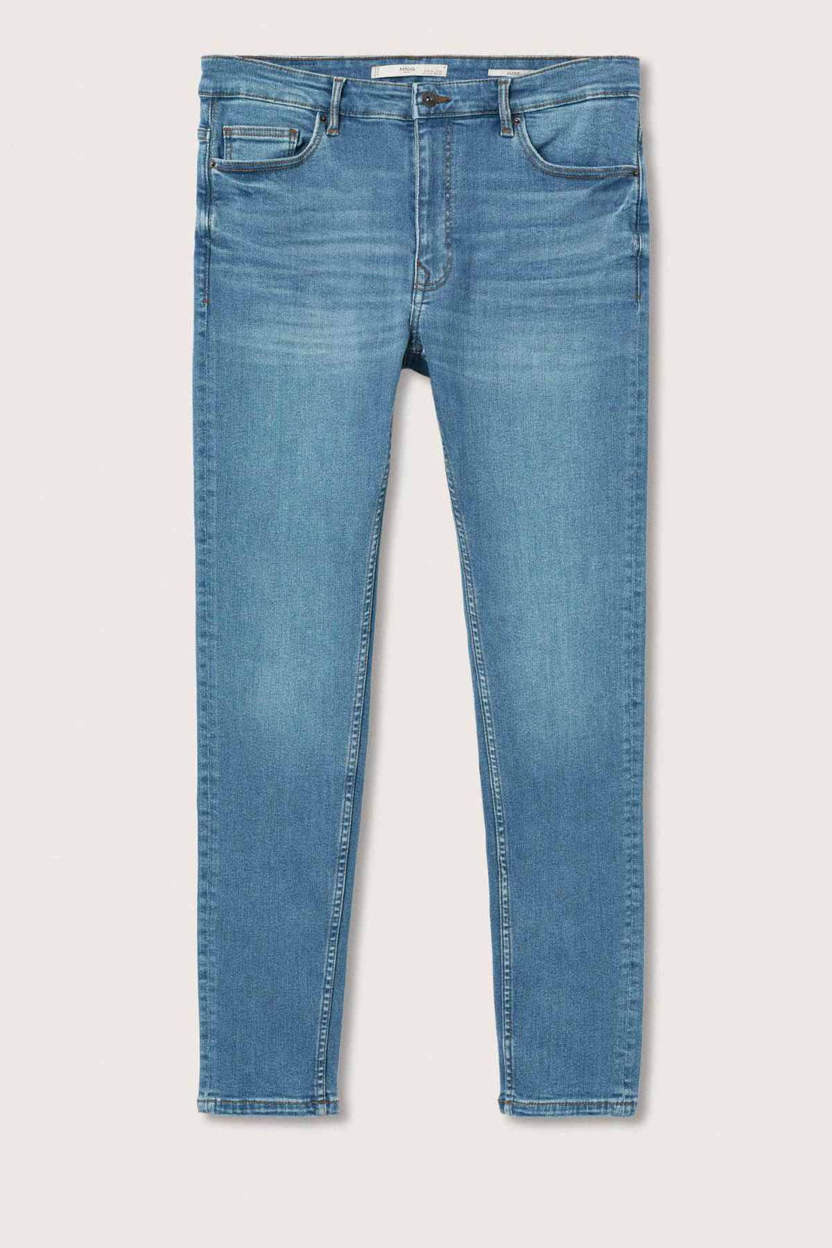 Light blue denim jeans flat lay, straight leg with belt loops and five-pocket styling