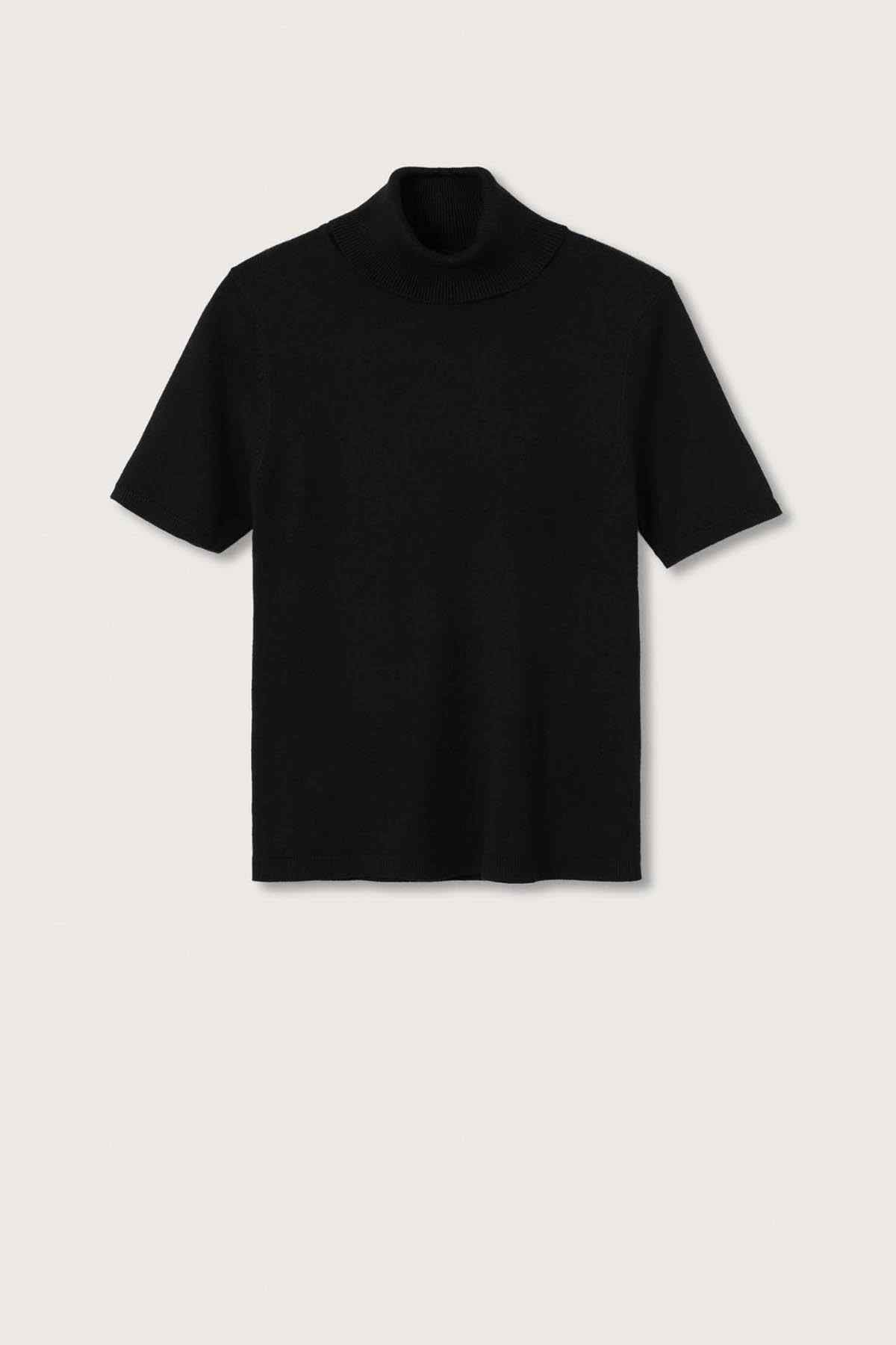 Black short-sleeve turtleneck knit top, laid flat