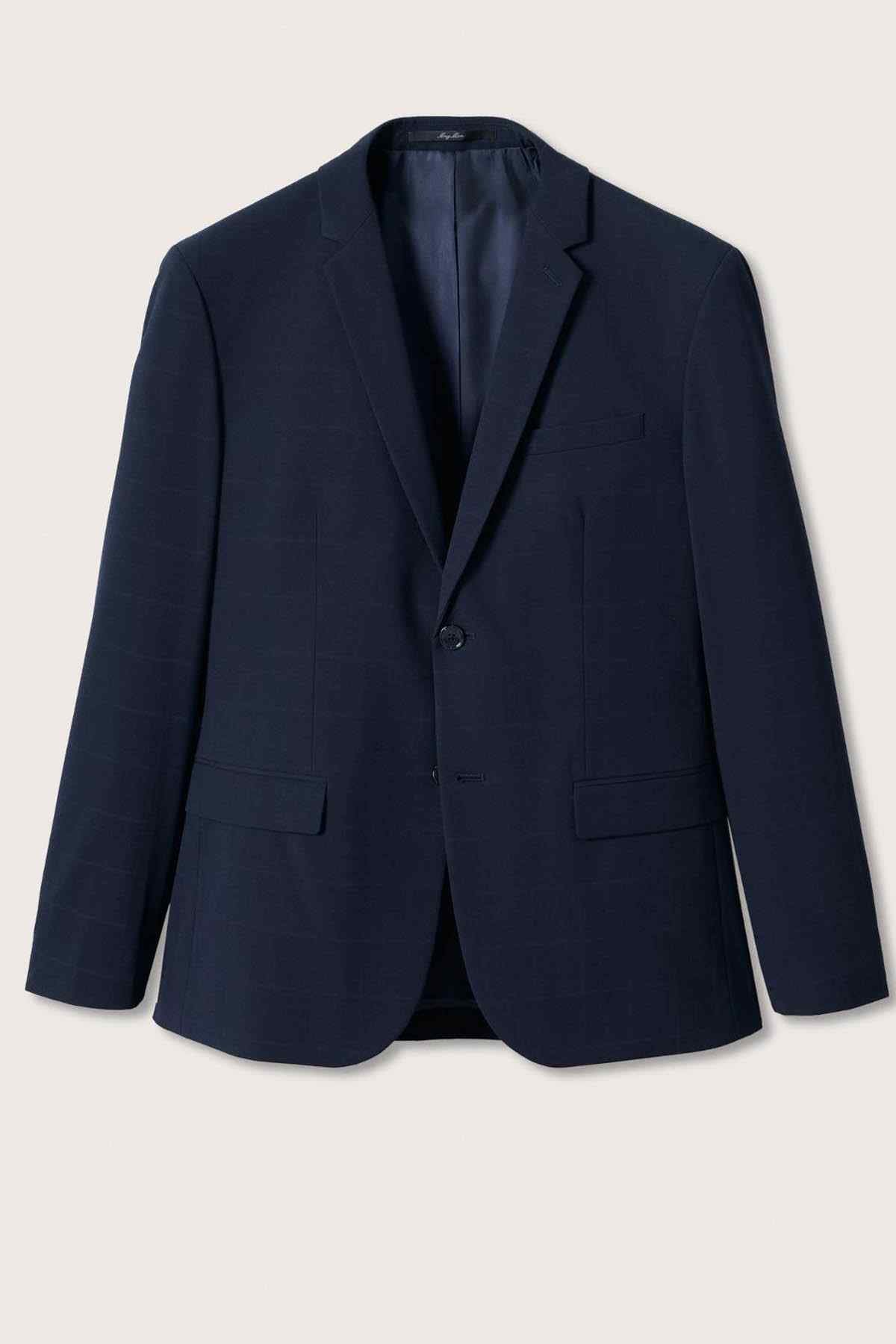 MANGO men's navy suit jacket front view, notch lapel and flap pockets