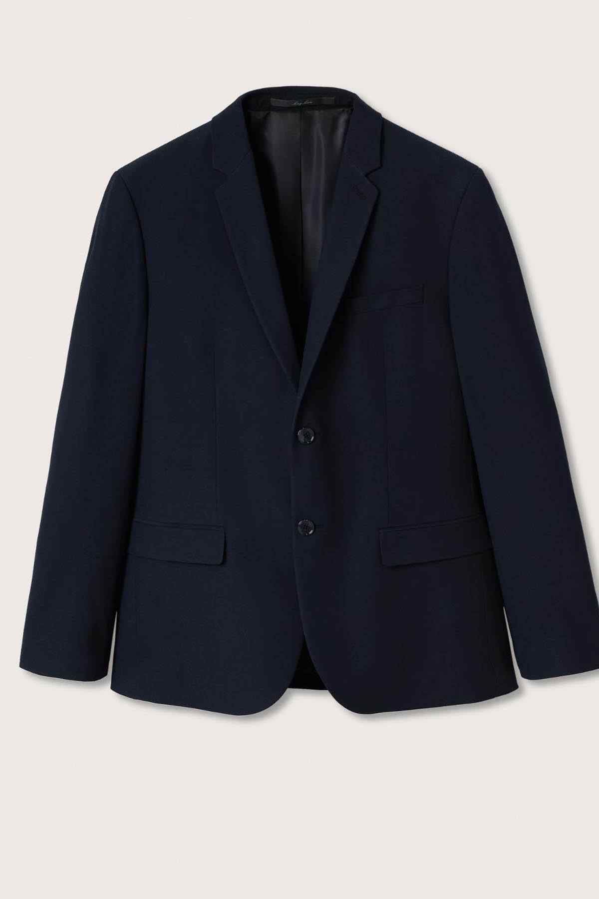 Navy men's suit blazer, front view on hanger with two-button closure.