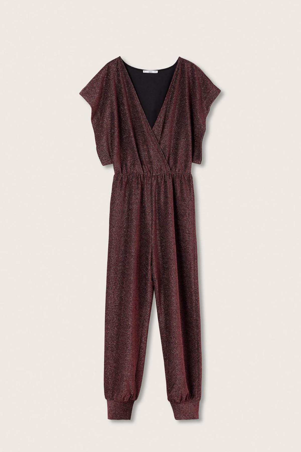 Burgundy speckled V-neck jumpsuit with short sleeves and tapered ankle cuffs
