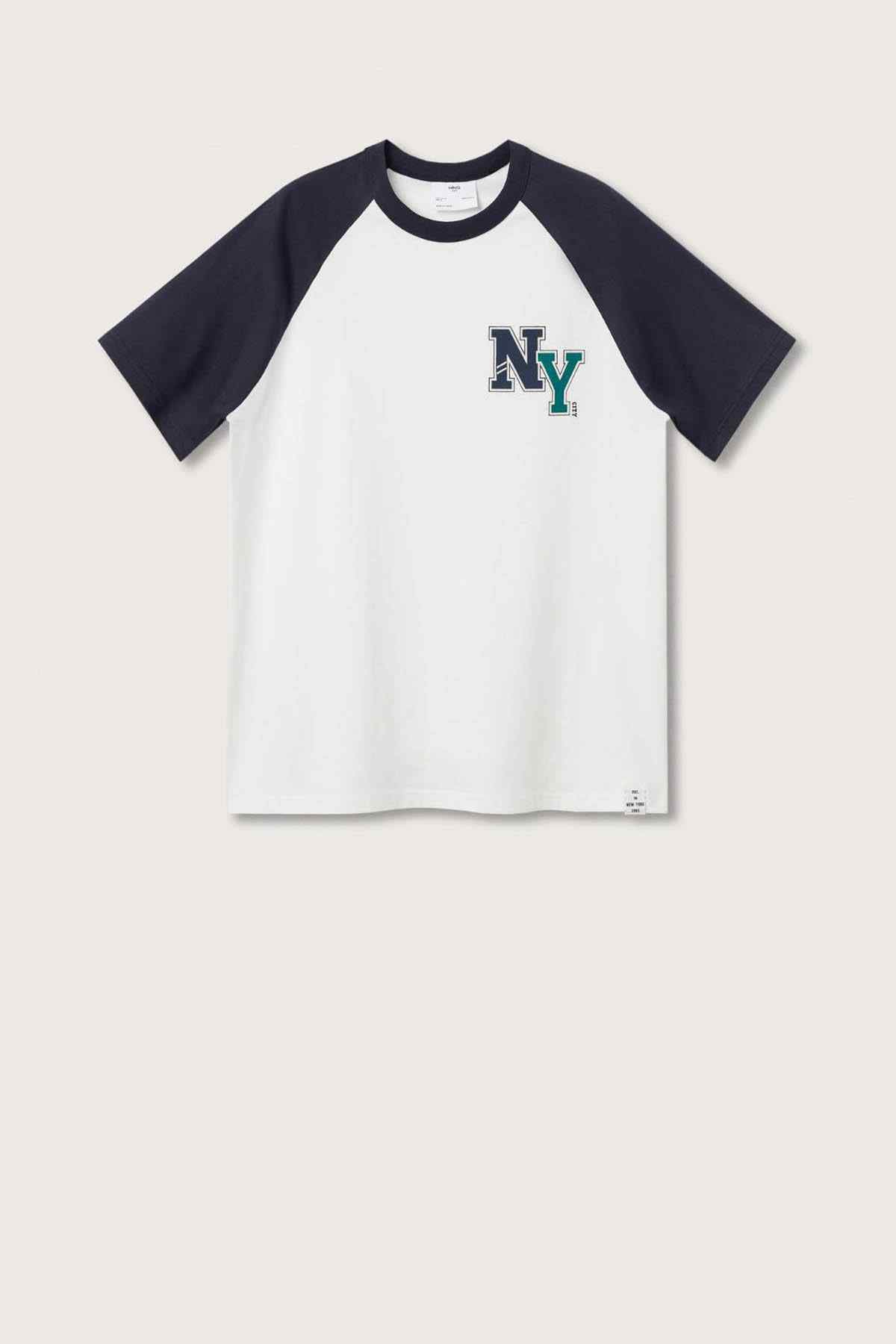 MANGO white and navy raglan T-shirt with NY logo, flat lay