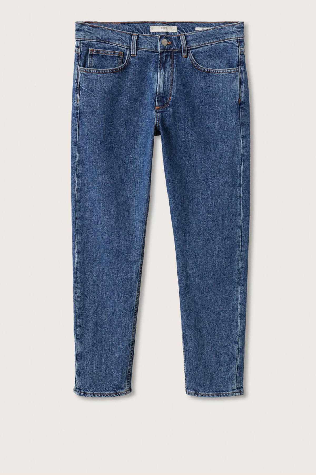 Pair of blue denim jeans with straight legs and button-zip front
